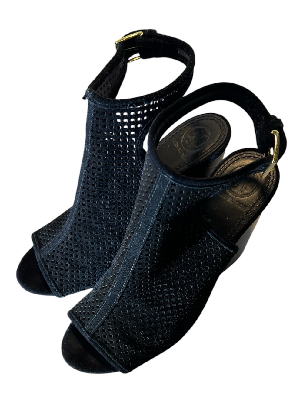 Tory Burch Black Perforated‎ Suede Peep Toe Block Heel Sandals Size 8
